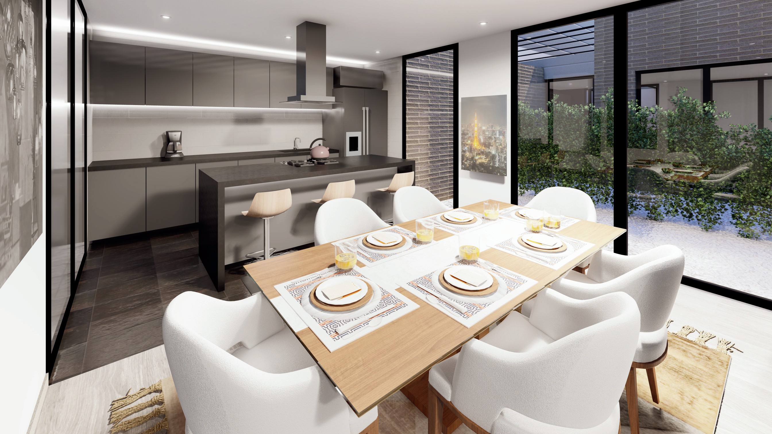 Render del comedor y la cocina de una casa de Los Cerezos
