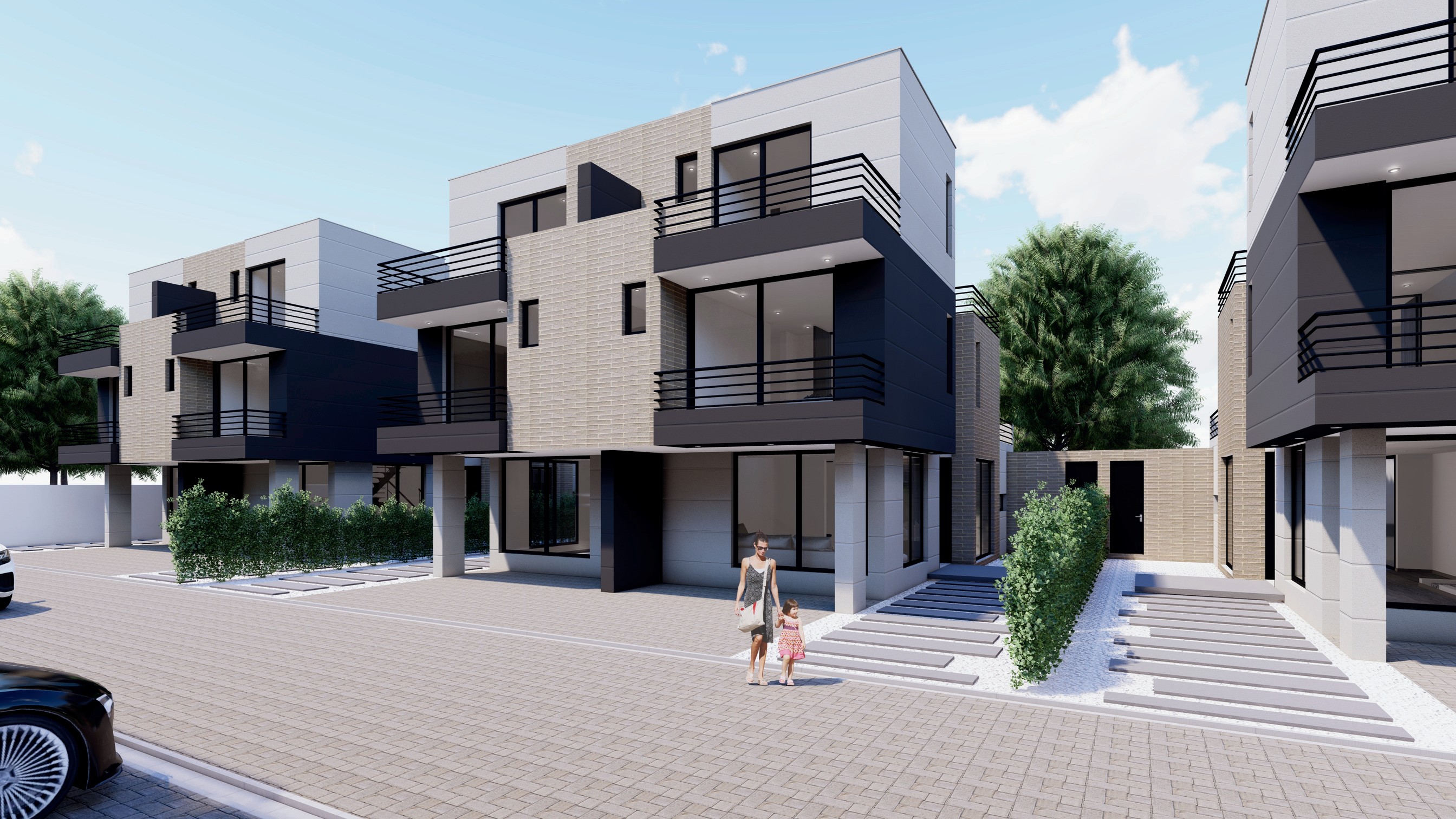 Render exterior de las casas del Conjunto Residencial Los Cerezos