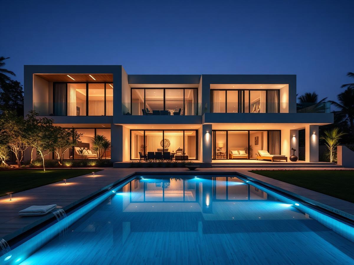 Casa moderna con iluminación inteligente y piscina iluminada