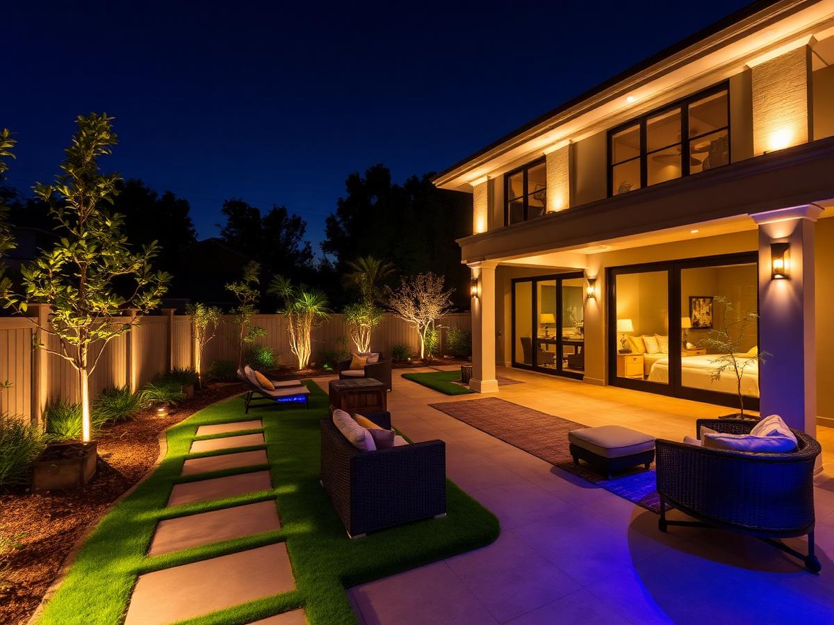 Patio y jardín iluminados con control automatizado