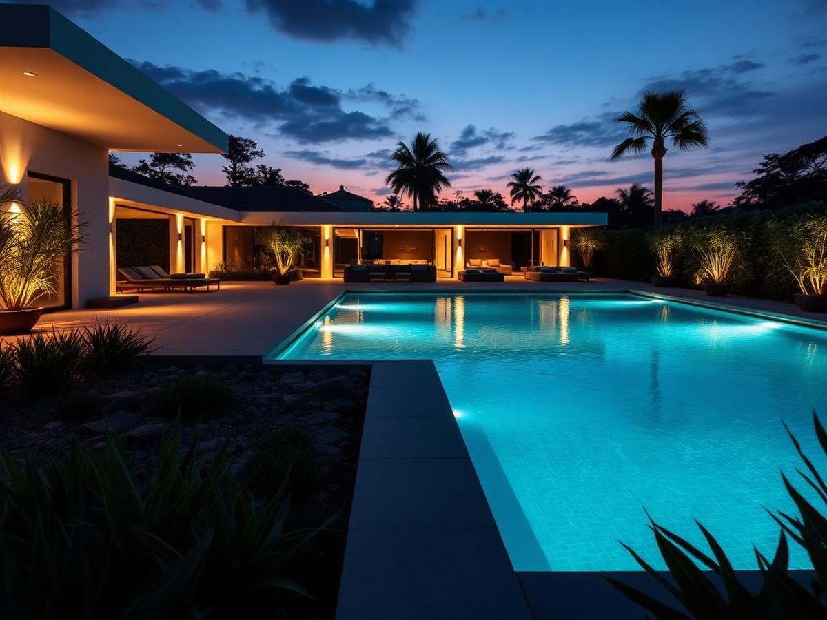 Jardín y piscina con iluminación automatizada