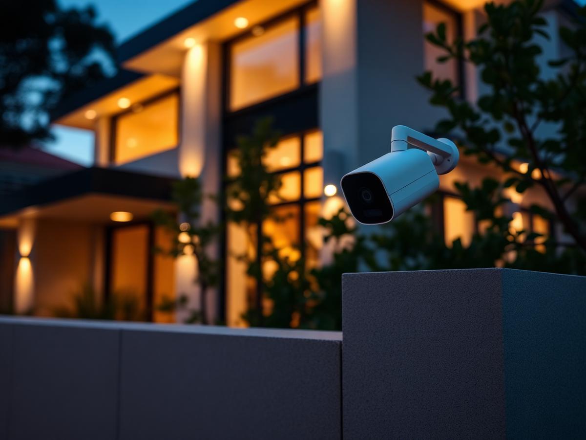 Cámara de seguridad inteligente en la fachada de una casa moderna